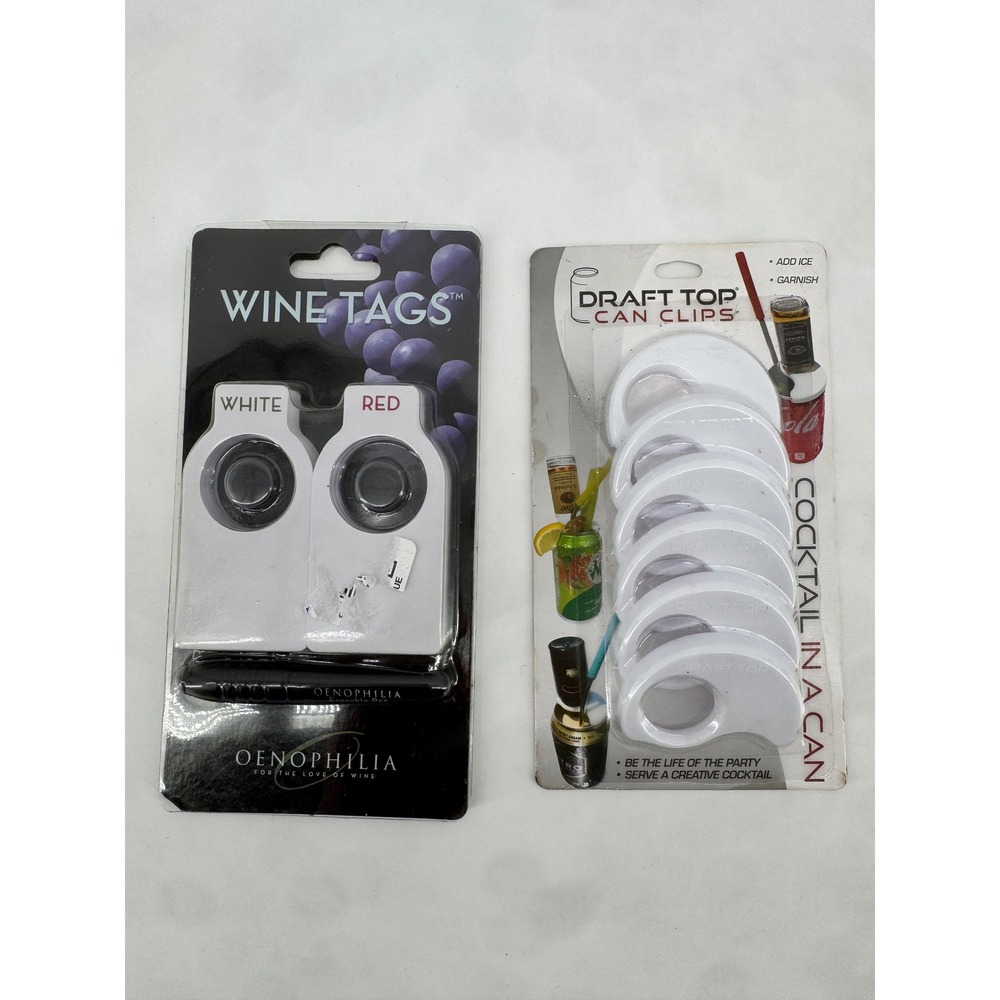Oenophilia Wine Tags Set and Draft Top Can Clips Bundle White Drink Accessories